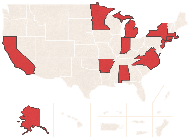 ATSDR investigated potential exposures to contaminants carried by food in the following states: Alaska, Alabama, Arkansas, California, Connecticut, Indiana, Massachusetts, Michigan, Minnesota, North Carolina, New Jersey, New York, and Virginia