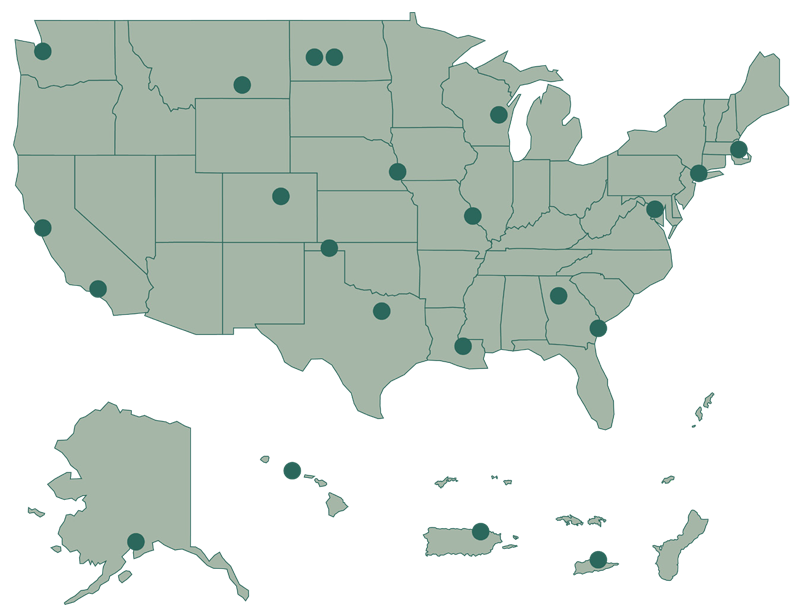 Map of Locations where ATSDR provided Critical assistance for COVID-19 Map of the U.S. and Territories with associated markers for locations that ATSDR staff provided critical assistance.