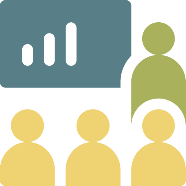 Custom icon shows illustrated person speaking next to a screen with a bar chart in front of three audience members