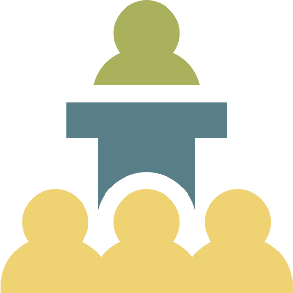 Custom icon shows illustrated person standing behind podium in front of an audience of three people