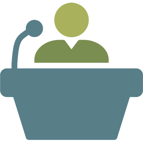 Custom icon shows illustrated person speaking at a podium with a microphone