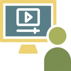 Custom icon shows illustrated person seated in front of a computer to watch online training.