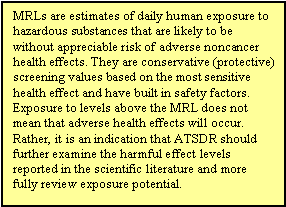 MRLs are estimates of daily human exposure to hazardous substances that are likely to be without appreciable risk of adverse noncancer health effects. They are conservative (protective) screening values based on the most sensitive health effect and have built in safety factors. Exposure to levels above the MRL does not mean that adverse health effects will occur. Rather, it is an indication that ATSDR should further examine the harmful effect levels reported in the scientific literature and more fully review exposure potential.