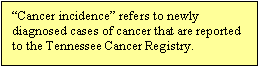 'Cancer incidence' refers to newly diagnosed cases of cancer that are reported to the Tennessee Cancer Registry.