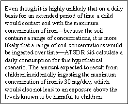 Even though it is highly unlikely that on a daily basis for an extended period of time a child would contact soil with the maximum concentration of iron—because the soil contains a range of concentrations, it is more likely that a range of soil concentrations would be ingested over time—ATSDR did calculate a daily consumption for this hypothetical scenario. The amount expected to result from children incidentally ingesting the maximum concentration of iron is 30 mg/day, which would also not lead to an exposure above the levels known to be harmful to children.