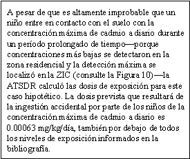 A pesar de que es altamente improbable que un niño entre en contacto con el suelo con la concentración máxima de cadmio a diario durante un período prolongado de tiempo—porque concentraciones más bajas se detectaron en la zona residencial y la detección máxima se localizó en la ZIC (consulte la Figura 10)—la ATSDR calculó las dosis de exposición para este caso hipotético. La dosis prevista que resultará de la ingestión accidental por parte de los niños de la concentración máxima de cadmio a diario es 0.00063 mg/kg/día, también por debajo de todos los niveles de exposición informados en la bibliografía.