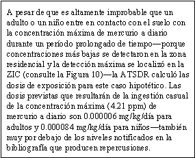 A pesar de que es altamente improbable que un adulto o un niño entre en contacto con el suelo con la concentración máxima de mercurio a diario durante un período prolongado de tiempo—porque concentraciones más bajas se detectaron en la zona residencial y la detección máxima se localizó en la ZIC (consulte la Figura 10)—la ATSDR calculó las dosis de exposición para este caso hipotético. Las dosis previstas que resultarán de la ingestión casual de la concentración máxima (4.21 ppm) de mercurio a diario son 0.000006 mg/kg/día para adultos y 0.000084 mg/kg/día para niños—también muy por debajo de los niveles notificados en la bibliografía que producen repercusiones.