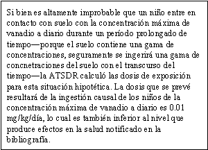 Si bien es altamente improbable que un niño entre en contacto con suelo con la concentración máxima de vanadio a diario durante un período prolongado de tiempo—porque el suelo contiene una gama de concentraciones, seguramente se ingerirá una gama de concnetraciones del suelo con el transcurso del tiempo—la ATSDR calculó las dosis de exposición para esta situación hipotética. La dosis que se prevé resultará de la ingestión causal de los niños de la concentración máxima de vanadio a diario es 0.01 mg/kg/día, lo cual es también inferior al nivel que produce efectos en la salud notificado en la bibliografía.