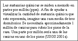 Las sustancias químicas se miden a menudo en partes por millón (ppm). A fin de ayudar a visualizar la cantidad de sustancia química que esto representa, imagine una casa media de tres dormitorios. Se necesitaría aproximadamente 1 millón de canicas para cubrir los pisos de la casa. Una parte por millón sería una de las canicas en uno de los pisos (USGS 2001a).