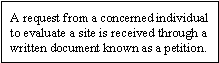 A request from a concerned individual to evaluate a site is received through a written document known as a petition.