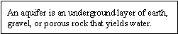 An aquifer is an underground layer of earth, gravel, or porous rock that yields water.