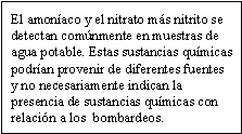 El amoníaco y el nitrato más nitrito se detectan comúnmente en muestras de agua potable. Estas sustancias químicas podrían provenir de diferentes fuentes y no necesariamente indican la presencia de sustancias químicas con relación a los bombardeos.