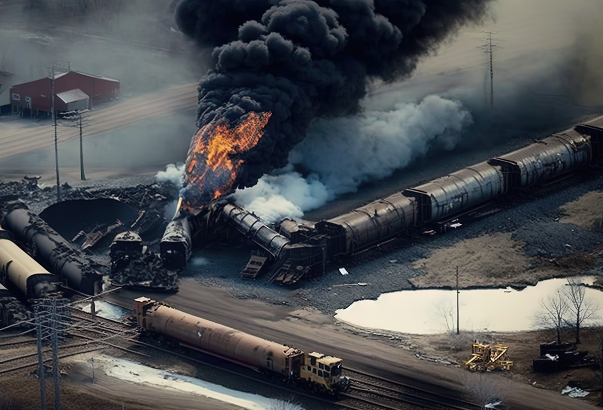 FS-ATSDR-ACEProgram Cargo train derailment with fire. Black and white smoke billowing.
