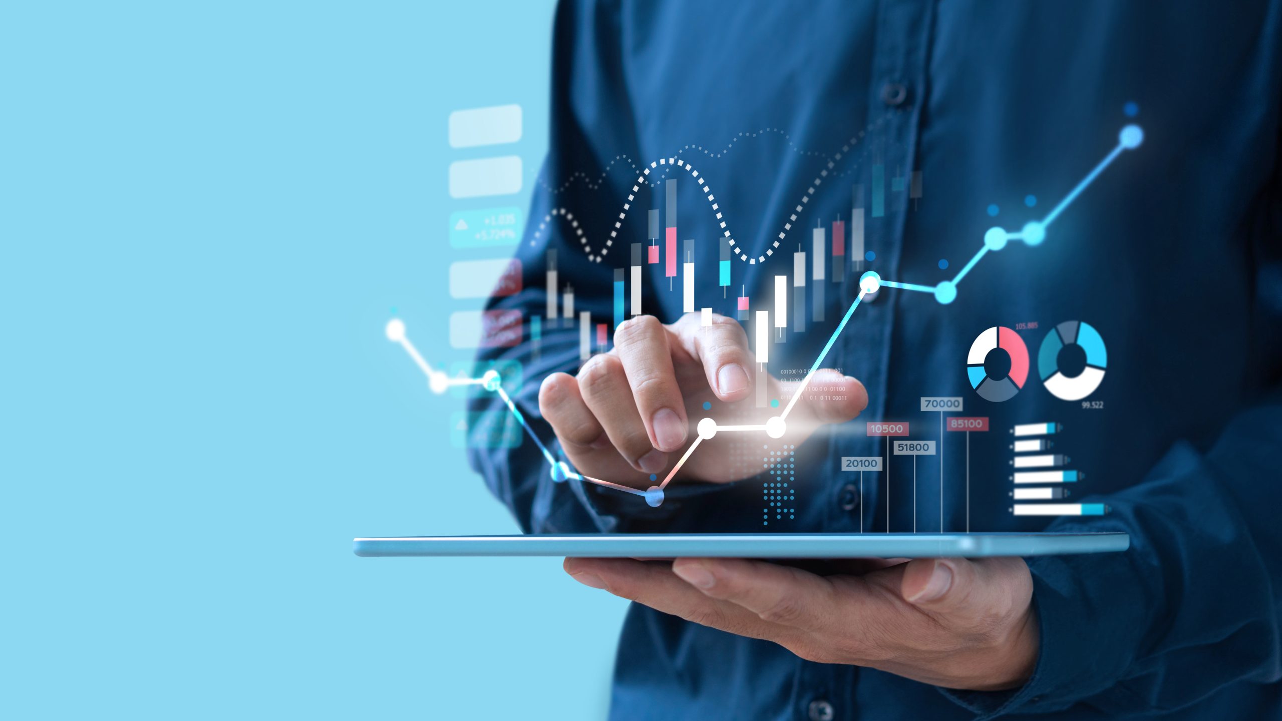 Digital Graph hands Person using tablet with hologram images of graph and chart