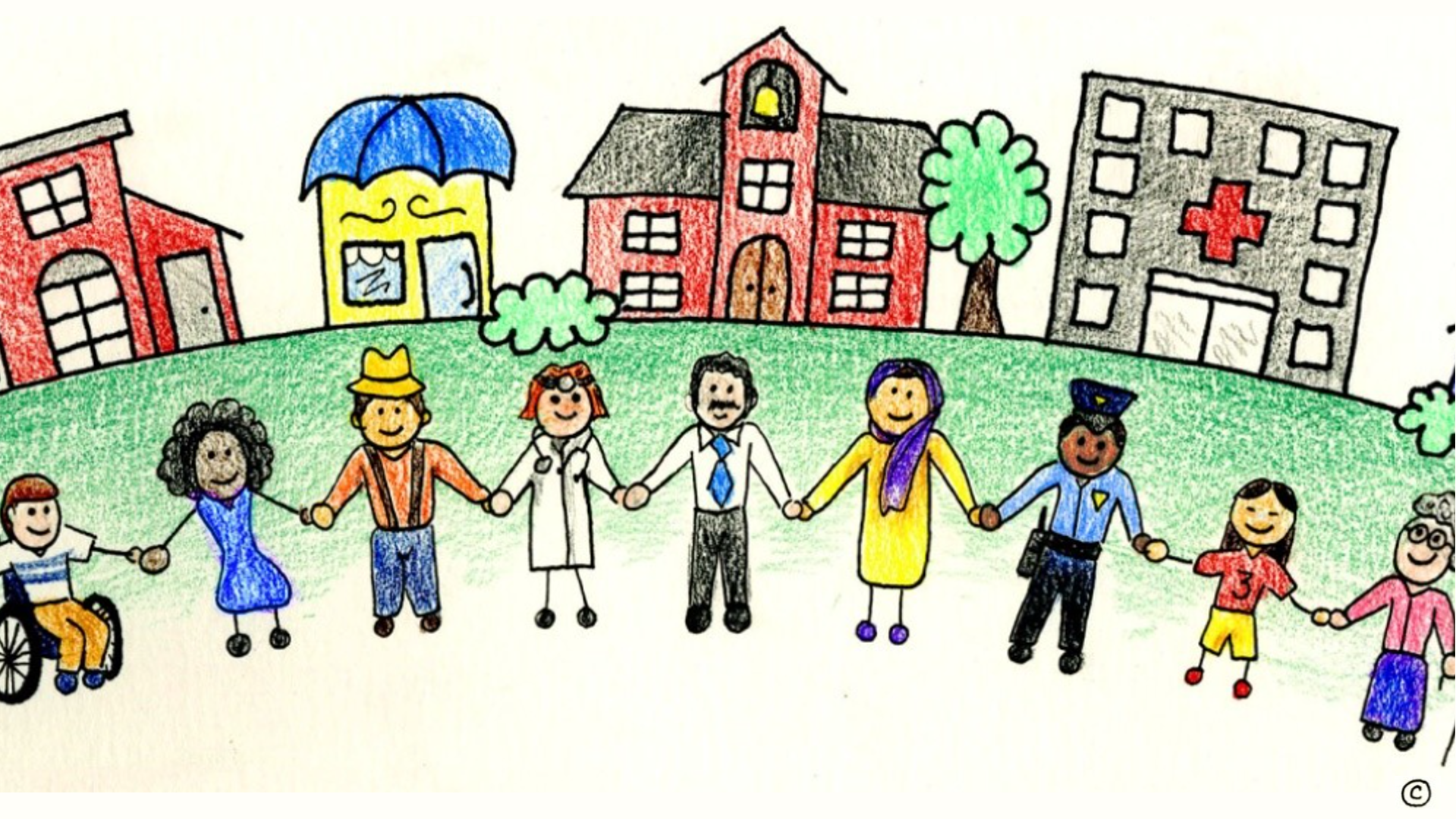 CART System Illustration A childlike drawing of a diverse group of people holding hands