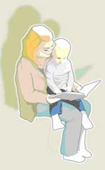 artwork of mother reading to child