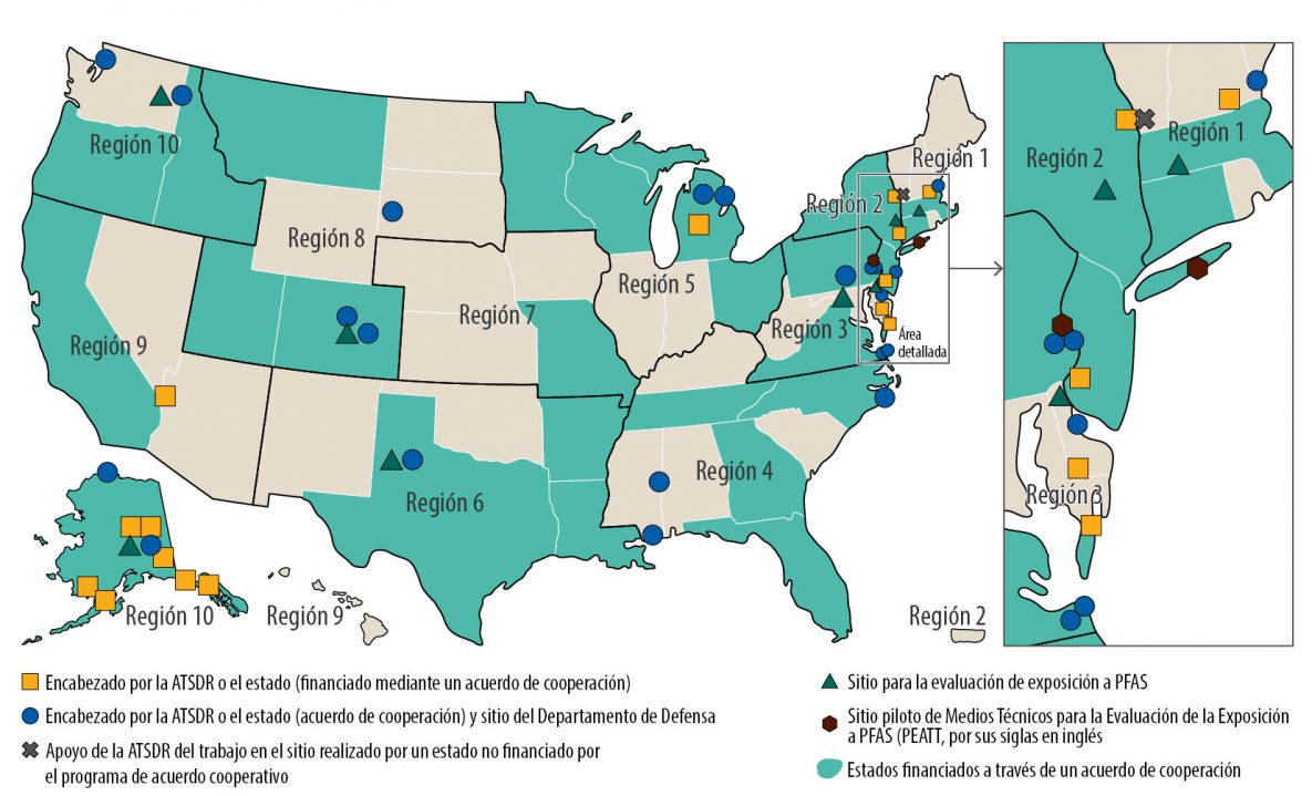 Mapa de sitios en que se han realizado estudios de PFAS