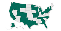 United States map with states colored in blue indicating these states have CSPECE programs.