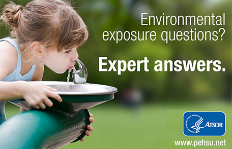 Girl drinking out of public water fountain with text - Environmental exposure questions? Expert answers.