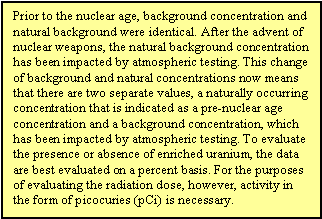 Prior to the nuclear age, background concentration and natural background were identical. After the advent of nuclear weapons, the natural background concentration has been impacted by atmospheric testing. This change of background and natural concentrations now means that there are two separate values, a naturally occurring concentration that is indicated as a pre-nuclear age concentration and a background concentration, which has been impacted by atmospheric testing. To evaluate the presence or absence of enriched uranium, the data are best evaluated on a percent basis. For the purposes of evaluating the radiation dose, however, activity in the form of picocuries (pCi) is necessary.