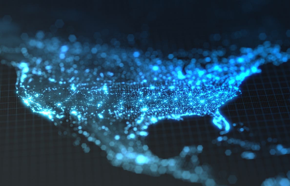 GRASP - landing A blue map of the United States glowing in the dark.
