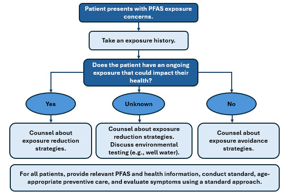 A flowchart that clinicians could use with patients presenting with PFAS exposure concerns.