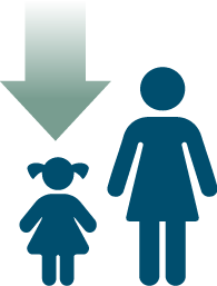 Arrow pointing down next to a woman with child