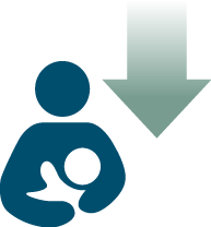 Arrow pointing down next to a woman breastfeeding a child