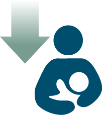 Arrow pointing down next to a woman breastfeeding a child