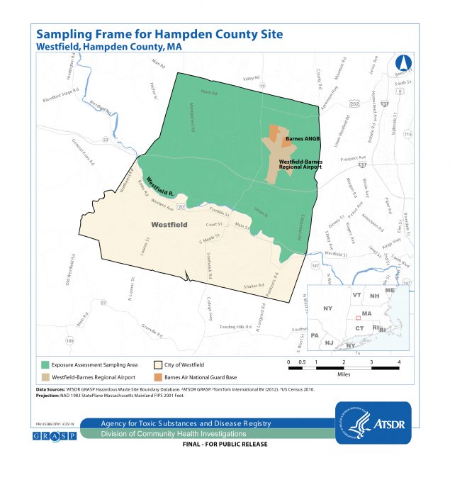 The map shows the sampling area where the exposure assessment will occur. It focuses on an area where residential tap water PFOA and/or PFOS concentrations were above federal or state guidelines.  The boundary of this area represents Westfield residents who live north of the Westfield River and receive water from the Westfield Water Department. The map also shows the location of the Barnes Air National Guard Base.