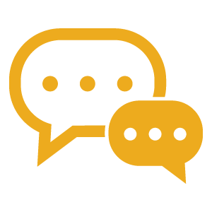 Gold icon of two dialogue bubbles with dots inside each of them representing a conversation.
