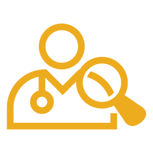 Gold icon of a magnifying glass over a representation of a clinician with a stethoscope.