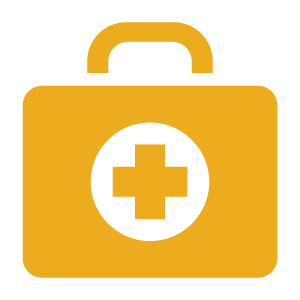 Gold icon of a briefcase with a cross symbol on it representing a medical kit.
