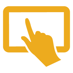 Gold icon of a hand pointing a finger over a rectangle representing someone touching or pointing to a screen.