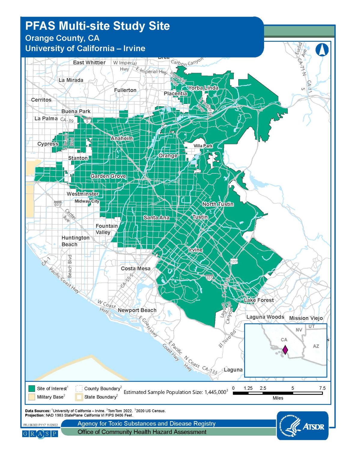 Image shows a map of Orange County, CA. The map includes a key and the estimated sample population size is 1,445,000