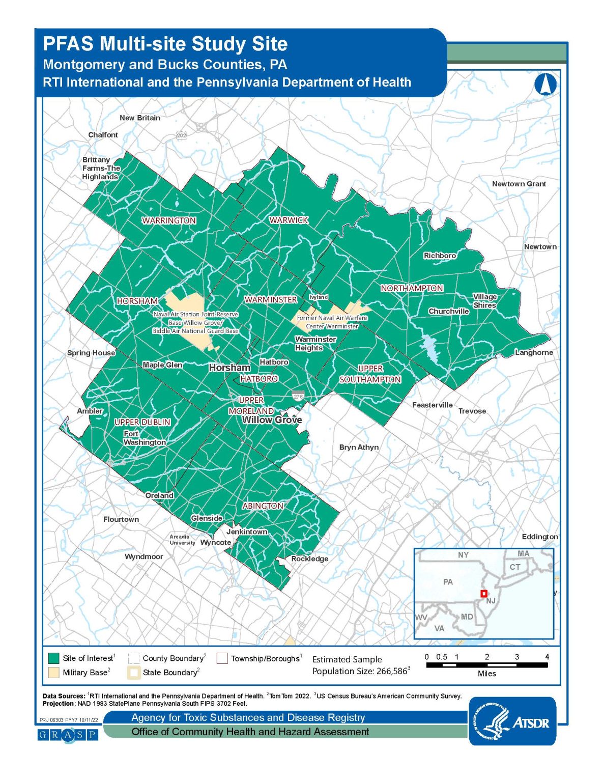 Map of Montgomery & Bucks Counties, PA. The map includes a key and the Estimated Sample Population Size is 266,586.