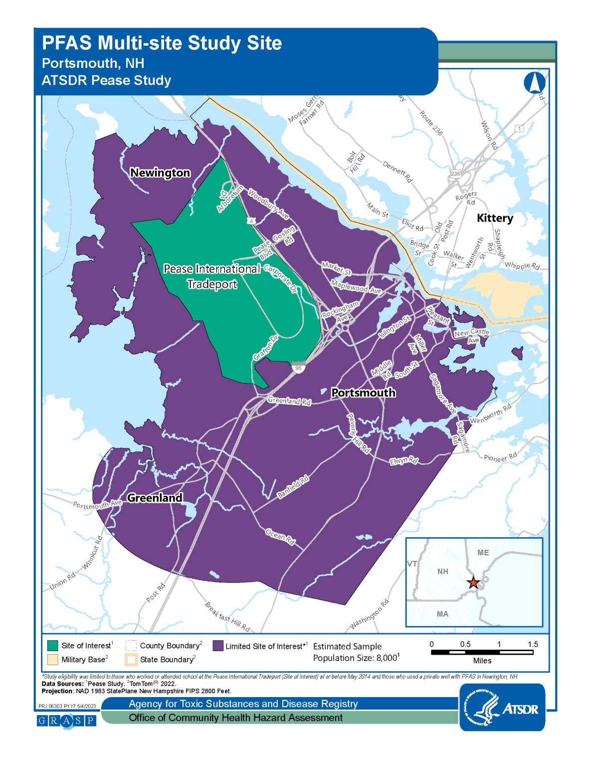 Map displays the eligible area for the Pease Study, which is looking at exposures near Portsmouth, NH.