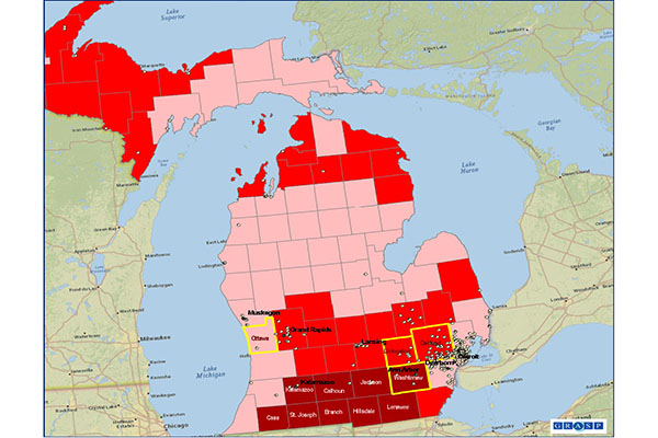 Color-coded GIS map of Michigan