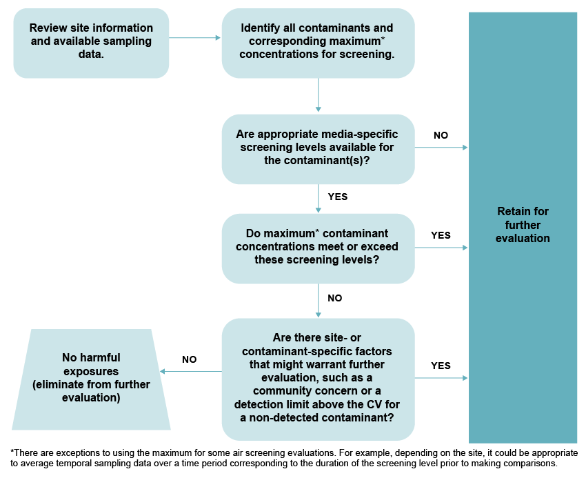 A flow diagram showing the decision making process for the screening analysis process.