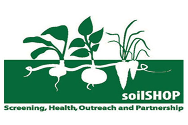 Green and white logo of root vegetables growing underground with text SoilSHOP: Screening, Health, Outreach, and Partnership