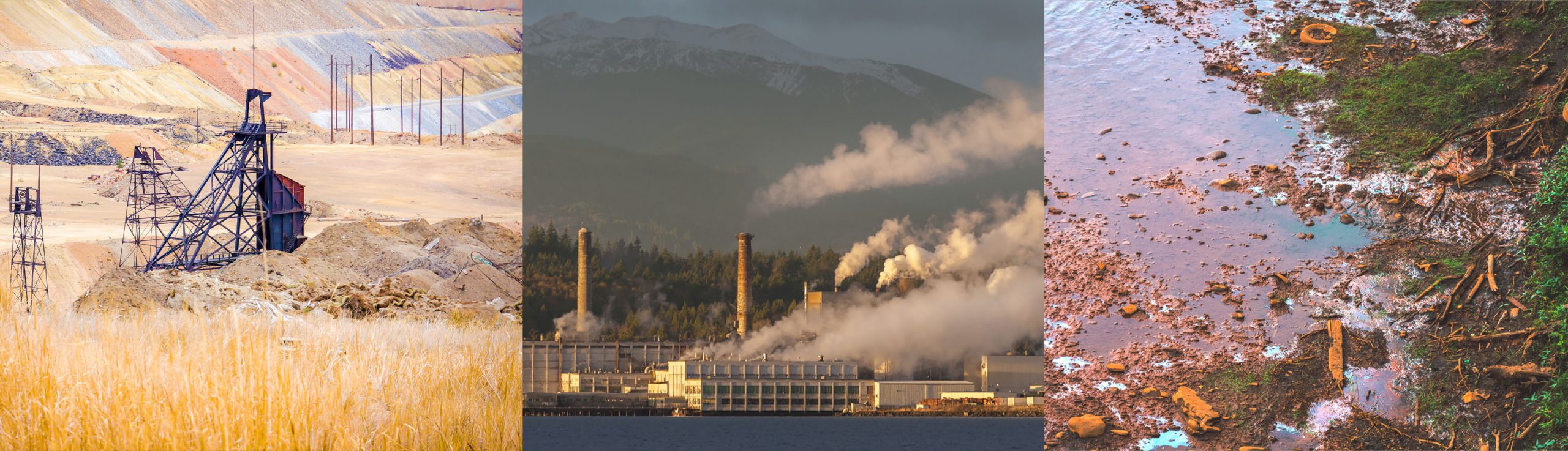 Banner depicting different areas of environmental contamination including a contaminated river, smokestacks, and oil rigs.