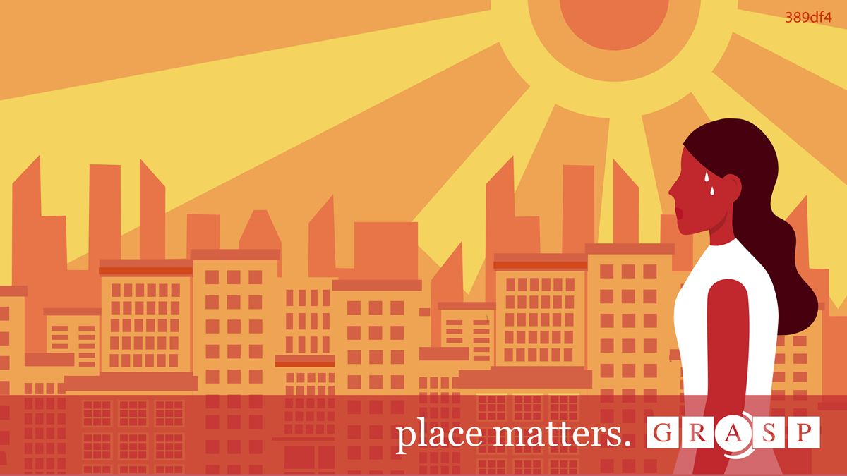 HHI Home v2a t009 1200x675 389df4 Decorative artwork depicting woman in a city on a hot day. Background is orange and yellow.