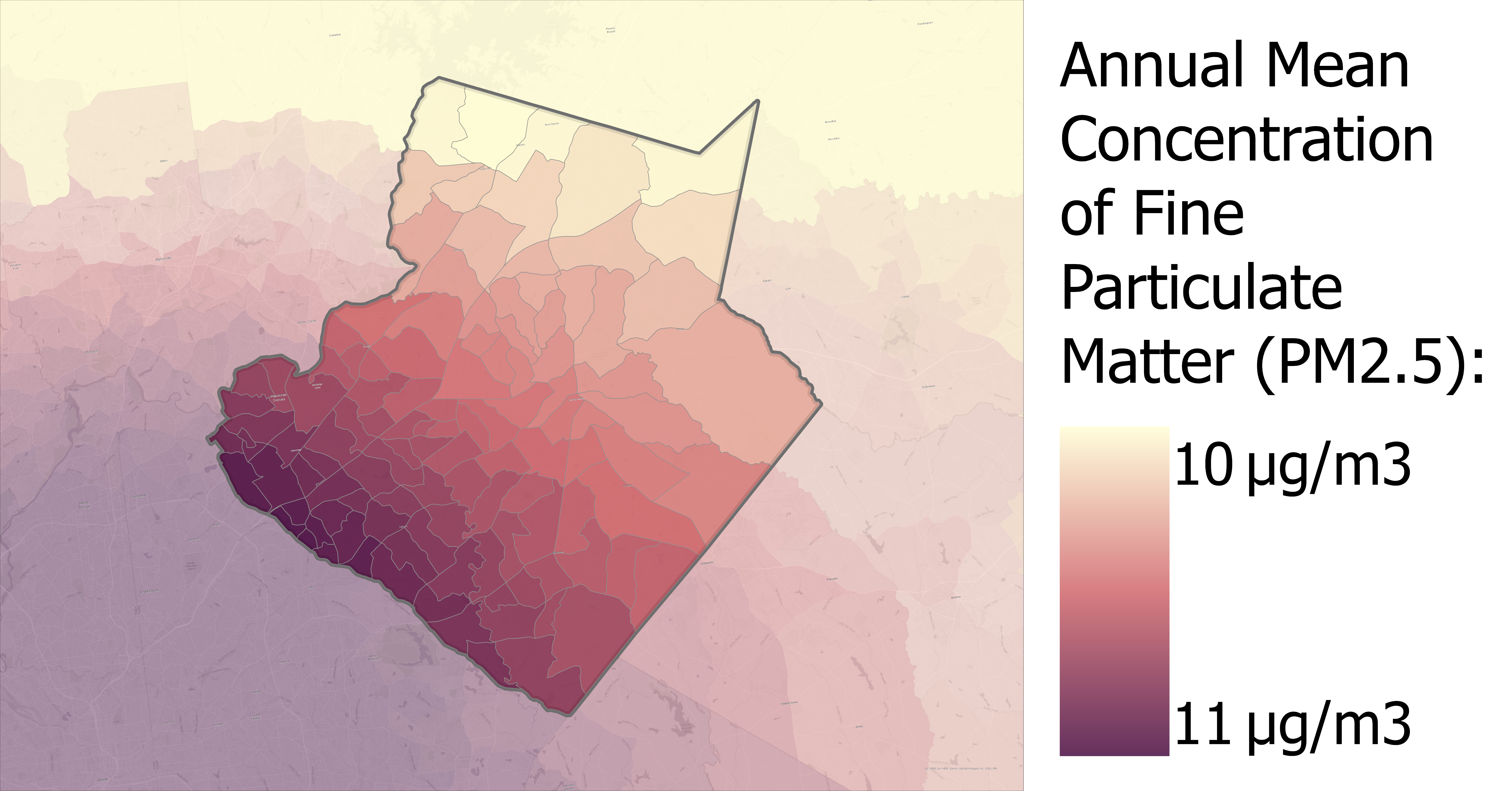 EJI Direct Data Tool Example Decorative image of choropleth direct data map that depicts concentration of fine particulate matter.
