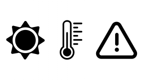 Icons of the sun, thermometer and warning symbol.