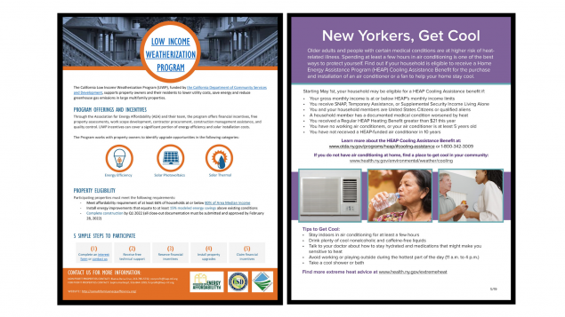 California low income weatherization program and NY energy assistance program flyers.