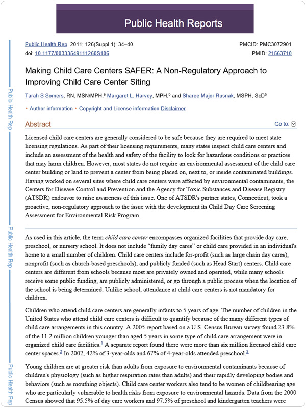 screen shot of the web page for Making Child Care Centers SAFER: A Non-Regulatory Approach to Improving Child Care Center Siting