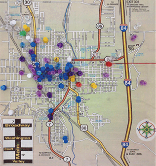Map of Baker City showing brownfield sites.