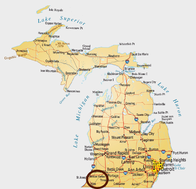 Map of Michigan highlighting the Andrews University Community area.