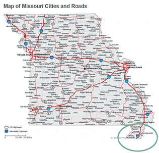 Missouri map showing the Missouri Bootheel area