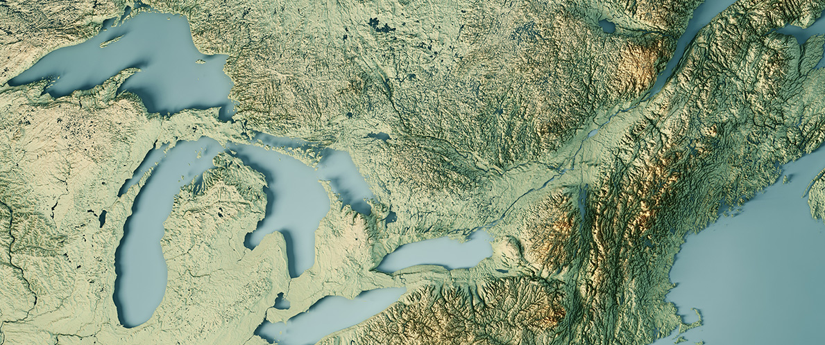 3D render topographic map of The Great Lakes.
